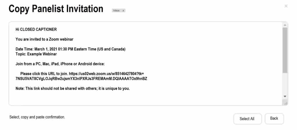 Copy Panelist Invitation screenshot