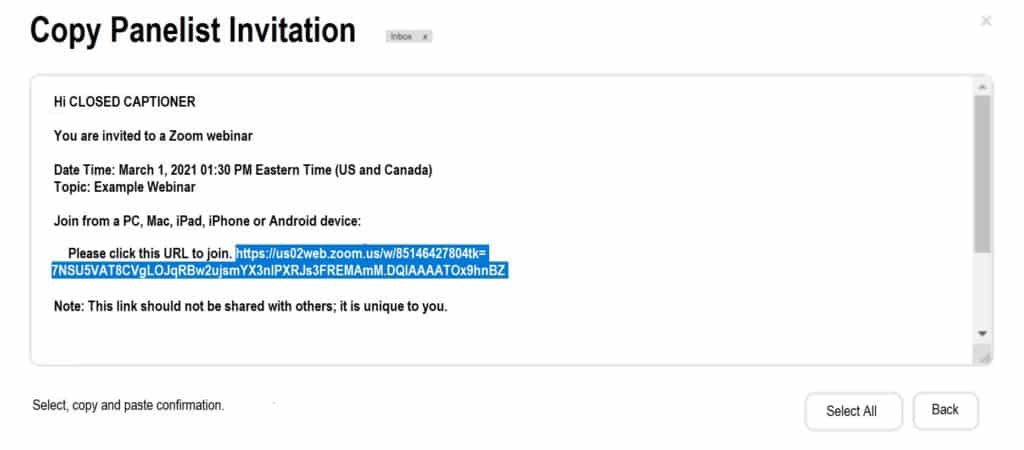 Copy Panelist Invitation screenshot