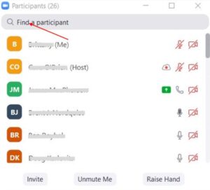 Screenshot of Zoom participants window with search bar