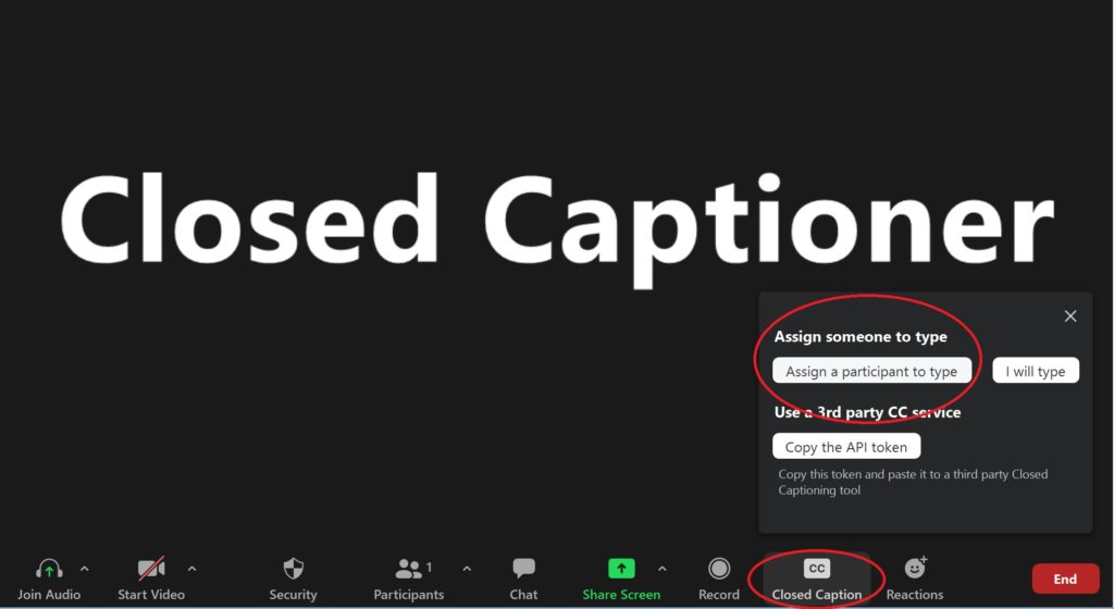 Zoom Screenshot showing VITAC's Closed Captioner is available