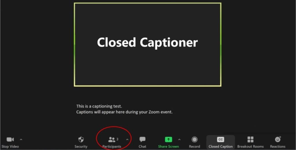 Zoom Screenshot showing VITAC's Closed Captioner is available