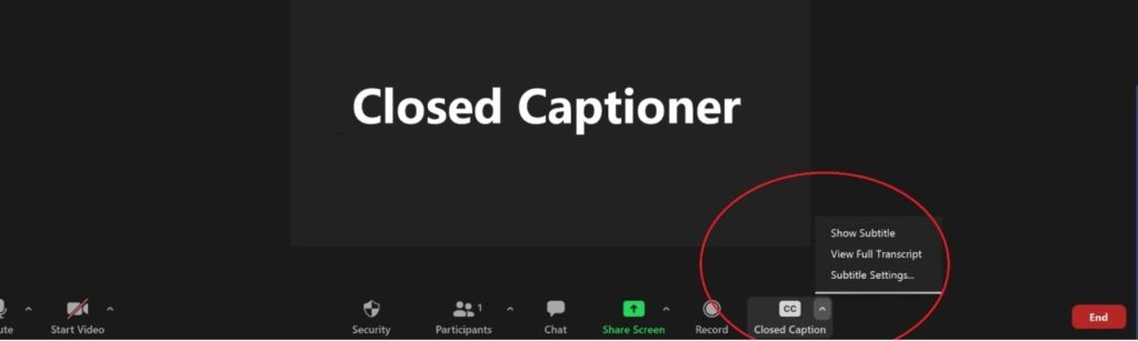 Zoom Screenshot showing VITAC's Closed Captioner is available